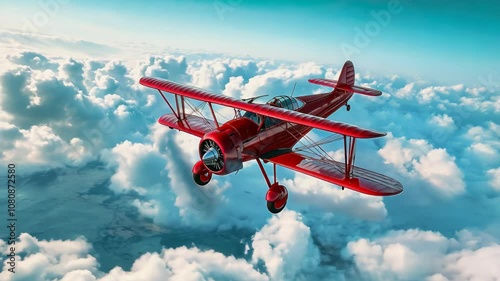 Bright red biplane soaring through fluffy clouds during a clear blue sky Video
