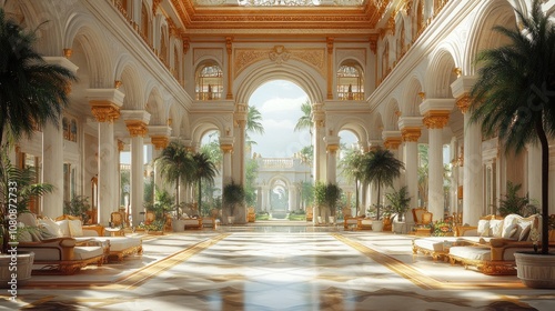 Luxurious interior of an opulent hall with palm trees and sunlight.