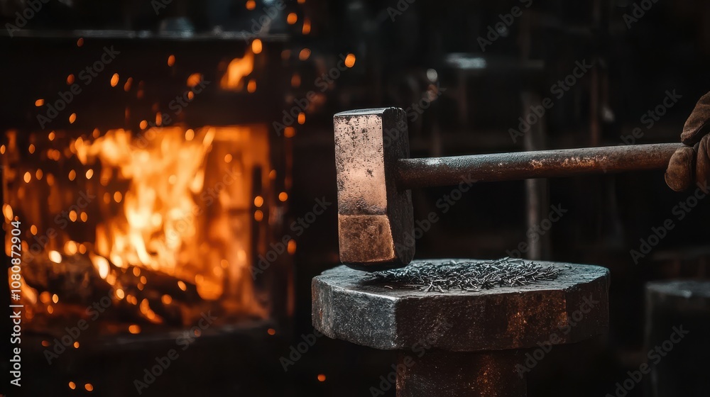 Blacksmith hammer striking anvil in traditional forge workshop Blacksmith hammer striking anvil in traditional forge workshop