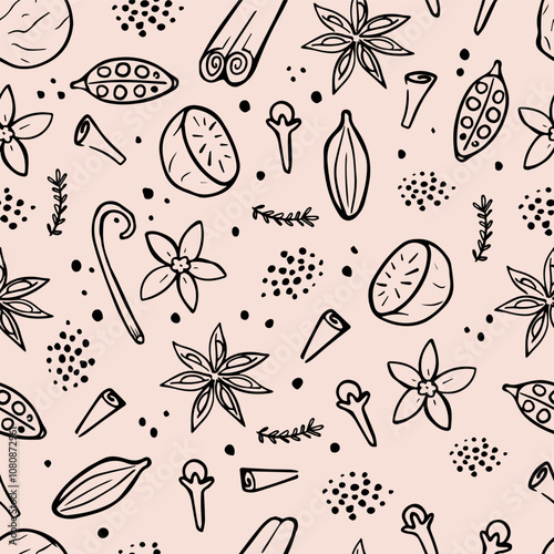 Hand drawn spices seamless pattern. Aroma ingredients on light beige background. Wallpaper featuring cloves, nutmeg, cardamom, cinnamon, star anise, and vanilla.