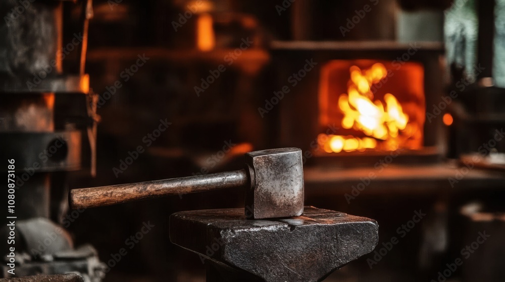 Rustic blacksmith hammer resting on anvil with glowing furnace Rustic blacksmith hammer resting on anvil with glowing furnace