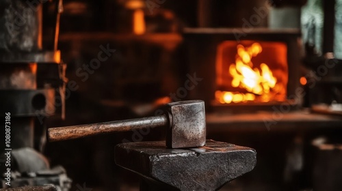 Rustic blacksmith hammer resting on anvil with glowing furnace