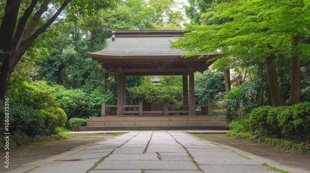 Japanese Garden Pathway Leading to a Traditional Wooden Pavilion Japanese Garden Pathway Leading to a Traditional Wooden Pavilion