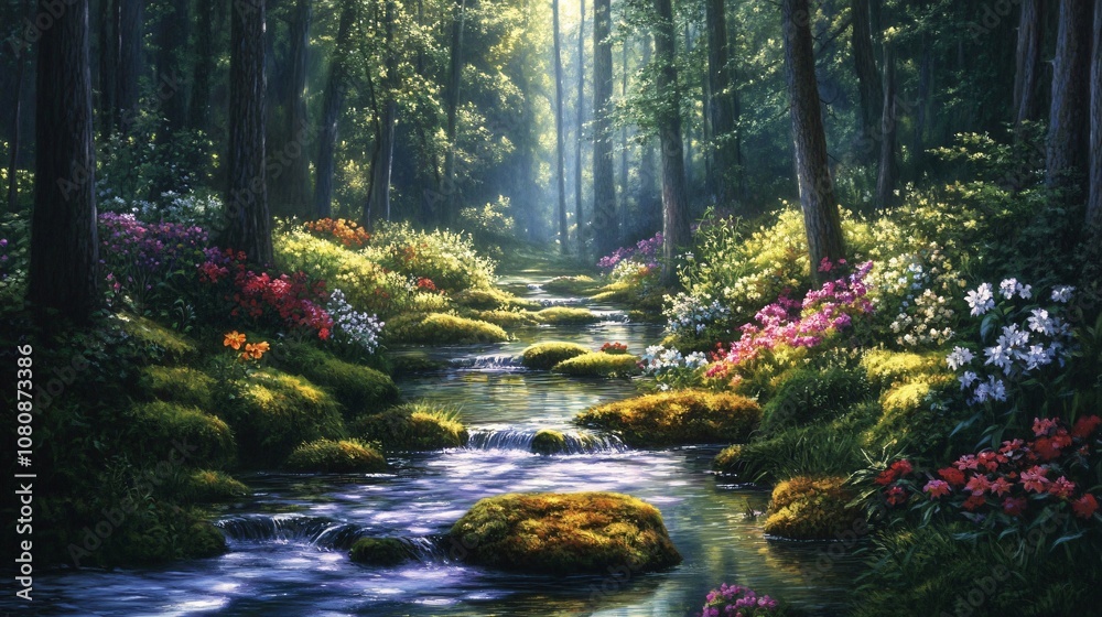 Serene Stream Through Sunlit Forest Serene Stream Through Sunlit Forest