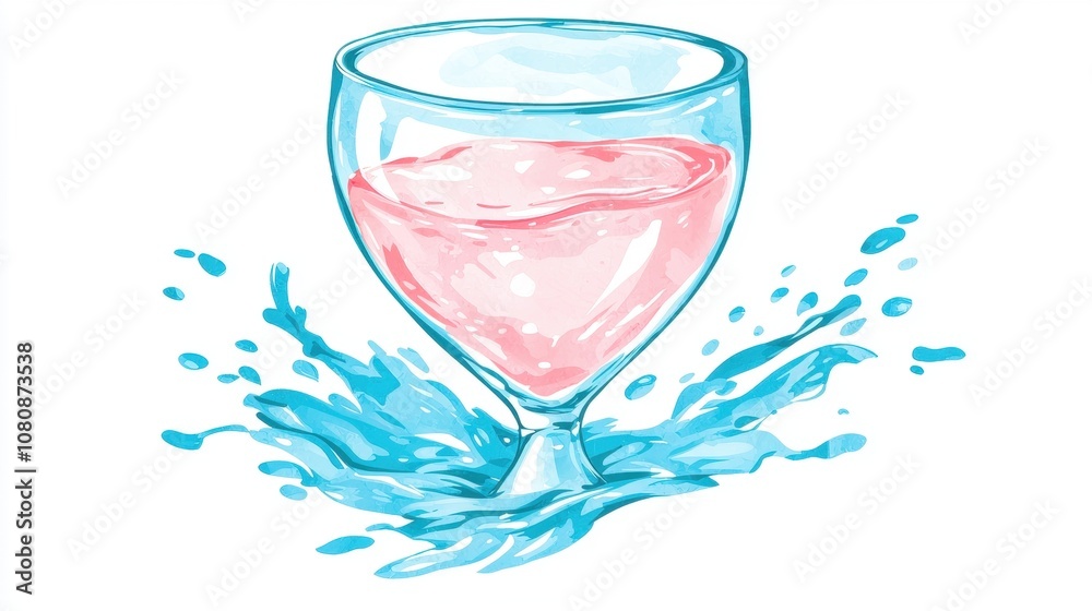 Vibrant Illustration of a Splashing Glass Filled with Pink Liquid on a Bright White Background, Capturing the Essence of Refreshment and Creativity Vibrant Illustration of a Splashing Glass Filled with Pink Liquid on a Bright White Background, Capturing the Essence of Refreshment and Creativity
