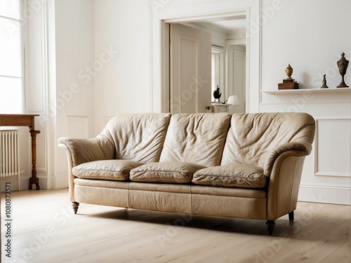 Vintage beige leather sofa in a classic interior setting.
