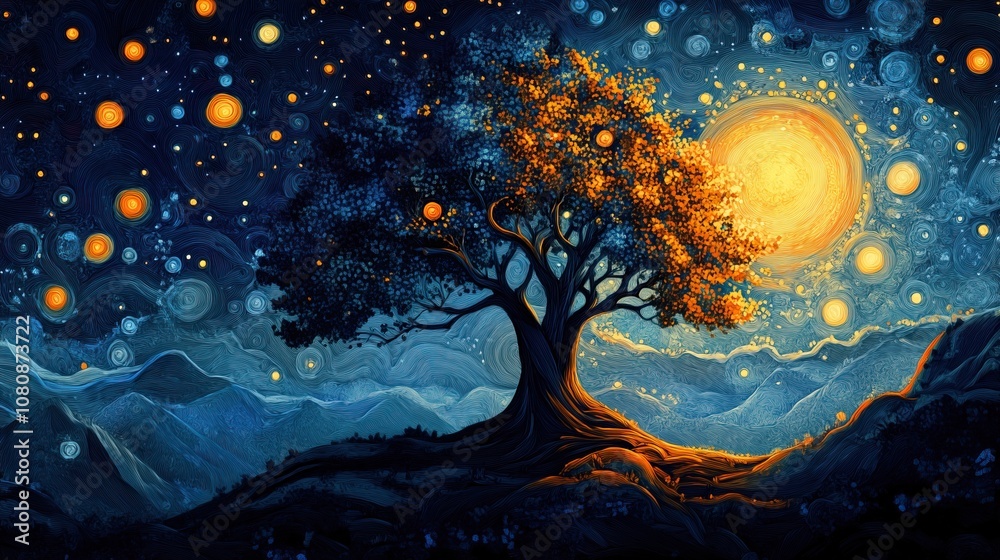magic tree in the night forest. abstract vertical drawing. magic tree in the night forest. abstract vertical drawing.