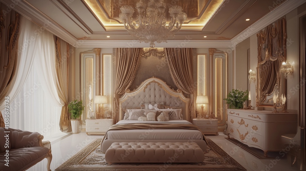 A luxurious bedroom with a large bed, a white dresser, and a mirror. The room is decorated with gold accents and has a warm, inviting atmosphere A luxurious bedroom with a large bed, a white dresser, and a mirror. The room is decorated with gold accents and has a warm, inviting atmosphere