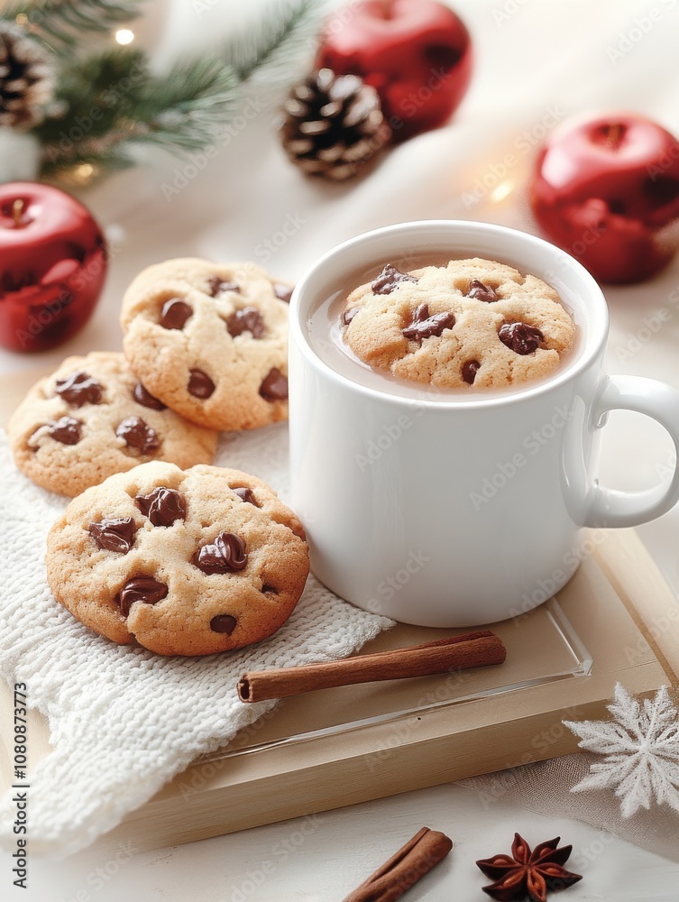 A cozy scene with a cup of hot cocoa with chocolate chip cookies, as well as other cookies, cinnamon sticks and Christmas decorations such as red garlands and pine cones. A cozy scene with a cup of hot cocoa with chocolate chip cookies, as well as other cookies, cinnamon sticks and Christmas decorations such as red garlands and pine cones.