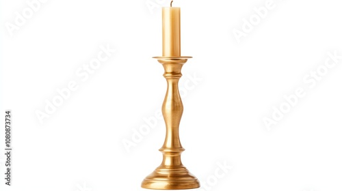 Elegant gold candlestick with a lit candle.