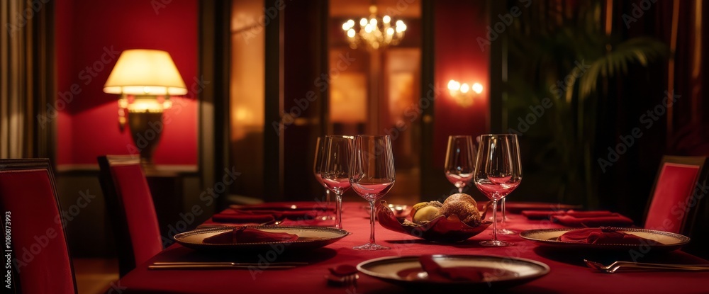 A Romantic Dinner Table Setting in a Luxurious Red Room A Romantic Dinner Table Setting in a Luxurious Red Room