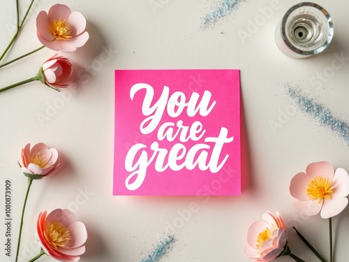 colorful flat lay with pink sticky note featuring motivational message you are great among decorations. photo