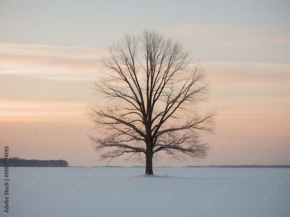 A lone tree in the middle of a snow covered field at sunset. A lone tree in the middle of a snow covered field at sunset.
