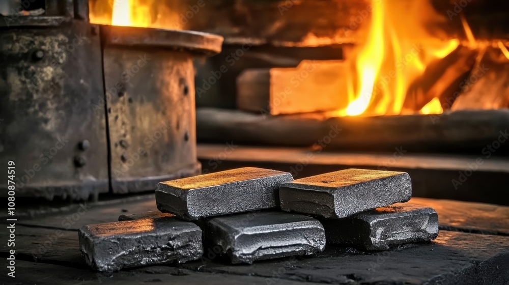 Glowing forge with hot metal ingots and blazing fire Glowing forge with hot metal ingots and blazing fire