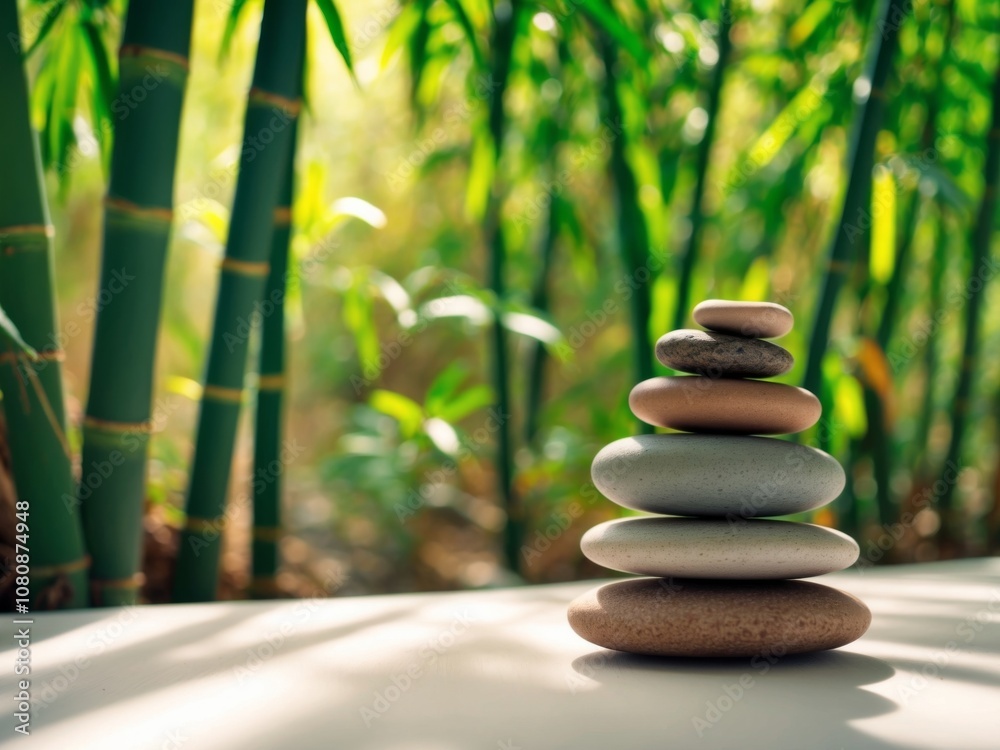 Stacked Stones and Bamboo Leaves in a Serene Natural Setting. Stacked Stones and Bamboo Leaves in a Serene Natural Setting.