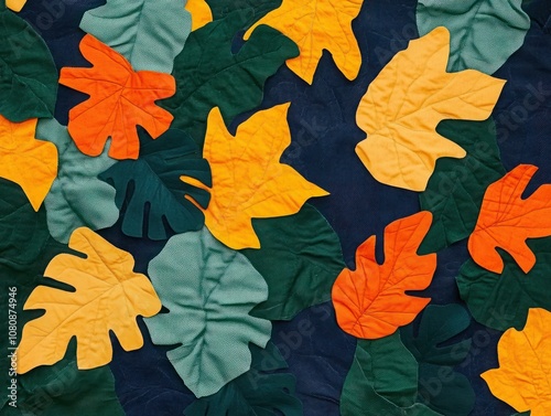 Colorful Fabric Leaves Arrangement with Green, Orange, and Yellow Textiles on Dark Background for Creative Design and Artistic Projects