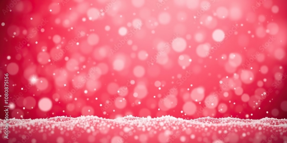 A gentle flurry of small snowflakes settles on a bright red gradient background in a magical and festive winter environment, whimsical, snowflakes