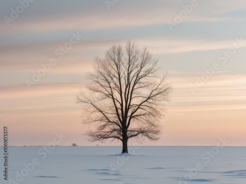 A lone tree in the middle of a snow covered field at sunset.