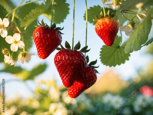 Several ripe red strawberries growing on the vine in a sunny garden. photo