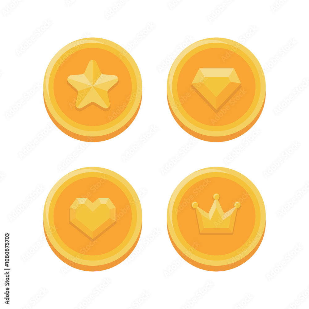 A set of illustration icons containing concepts such as shiny gold coins, medals, points, gold, money, game coin, etc. The gold coins have shapes such as stars, diamonds, jewels, hearts, and crowns. A set of illustration icons containing concepts such as shiny gold coins, medals, points, gold, money, game coin, etc. The gold coins have shapes such as stars, diamonds, jewels, hearts, and crowns.