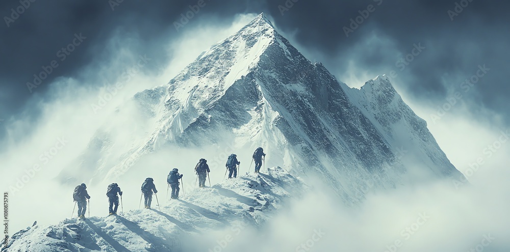A team of climbers ascend a snowy mountain peak in a dramatic, cloudy environment.