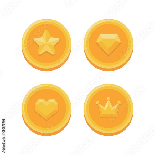 A set of illustration icons containing concepts such as shiny gold coins, medals, points, gold, money, game coin, etc. The gold coins have shapes such as stars, diamonds, jewels, hearts, and crowns.