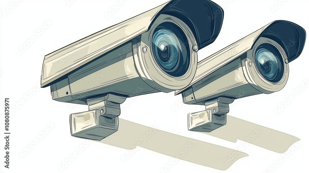 Two Surveillance Cameras with Modern Design Against a Light Background, Illustrating Security Technology and Monitoring Systems for Various Applications Two Surveillance Cameras with Modern Design Against a Light Background, Illustrating Security Technology and Monitoring Systems for Various Applications