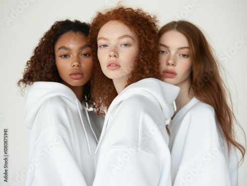 Three Fierce Female Models in White Hoodies Facing Forward Against Clean Background for Clothing Brand Photography