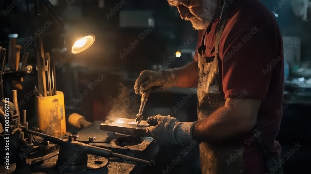 Skilled blacksmith crafting intricate metalwork in a dimly lit workshop