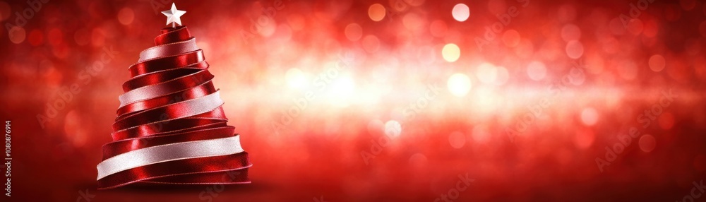 Festive Red Christmas Tree Decoration with Shiny Spiral Ribbons and a Star on Top Against a Sparkling Red Background for Holiday Celebrations Festive Red Christmas Tree Decoration with Shiny Spiral Ribbons and a Star on Top Against a Sparkling Red Background for Holiday Celebrations