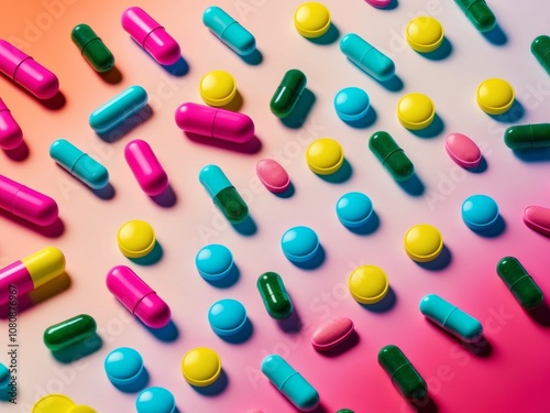 Colorful Pills and Capsules on Vibrant Background.