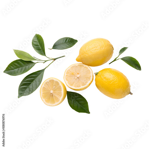 Wallpaper Mural Fresh Lemons with Green Leaves and Slices isolate on transparent background cutout, PNG file, Cutout file Torontodigital.ca