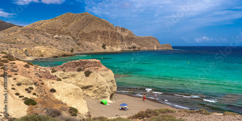 Beach of La Isleta del Moro, Cabo de Gata-Níjar Natural Park, UNESCO Biosphere Reserve, Hot Desert Climate Region, Almería, Andalucía, Spain, Europe