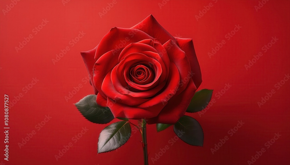 Elegant Red Rose on Romantic Red Background. Perfect Valentine’s Day Stock Photo Symbolizing Love, Passion, and Romance for Cards, Gift Wrapping, Ads, or Social Media Inspiration