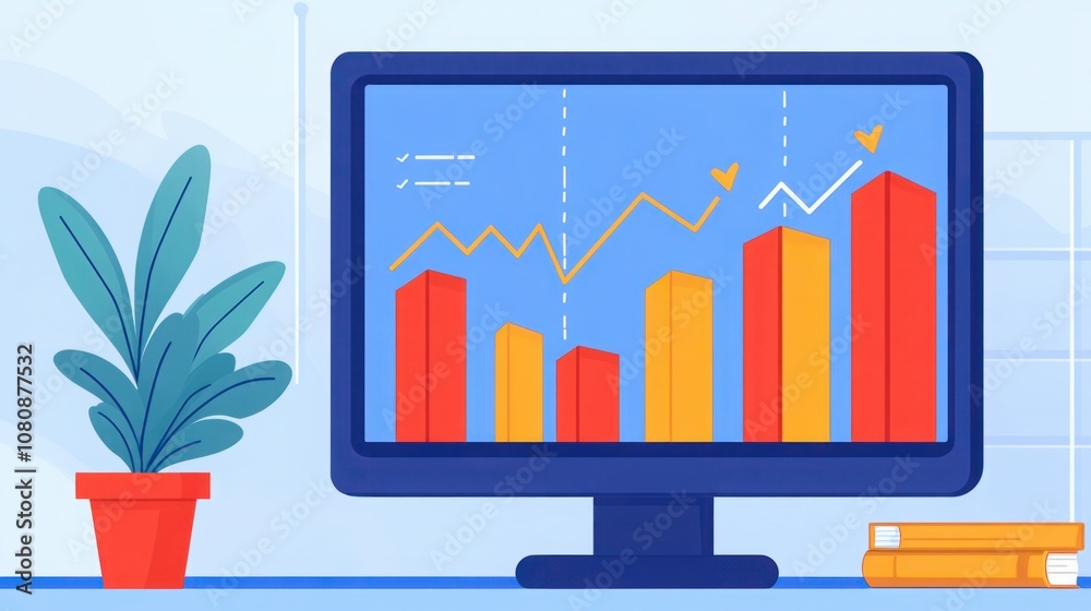 Colorful Bar Graph Representation on a Computer Screen Showcasing Growth Trends in a Bright, Modern Workspace with a Potted Plant and Books