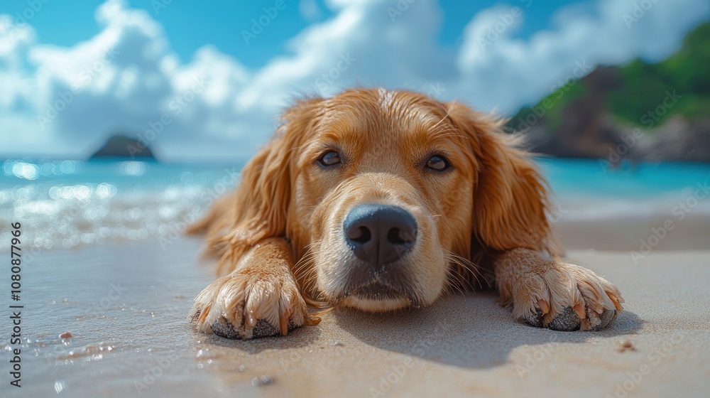 A golden retriever dog lies on the sand of a beach with the ocean in the background. A golden retriever dog lies on the sand of a beach with the ocean in the background.