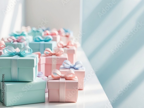 Numerous pastel blue and pink gift boxes with bows are forming a border on the left side of a light blue background. photo