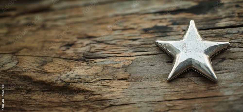 Silver star on wooden surface, textured background, rustic charm, shiny metallic object, natural wood grain Silver star on wooden surface, textured background, rustic charm, shiny metallic object, natural wood grain