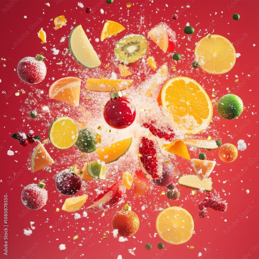 Epic Explosion of Fruit Slices, Christmas Ornaments, and Flying Juice with Snowflakes on Solid Color Background, Hyperrealistic Festive Scene