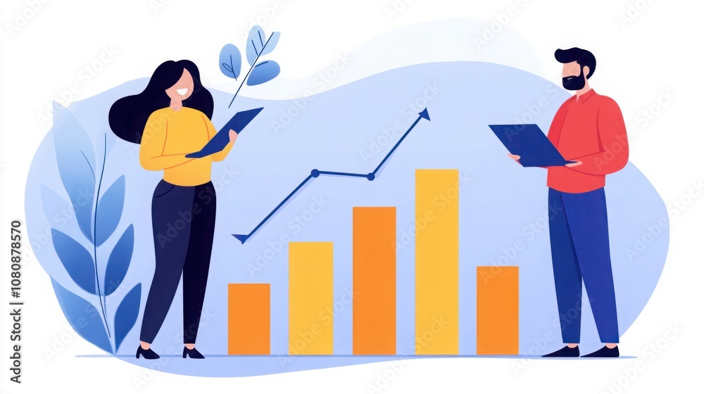 Fototapeta premium Business Collaboration and Data Analysis with Growth Graph in a Modern Office Setting Featuring Diverse Characters and Bright Color Palette