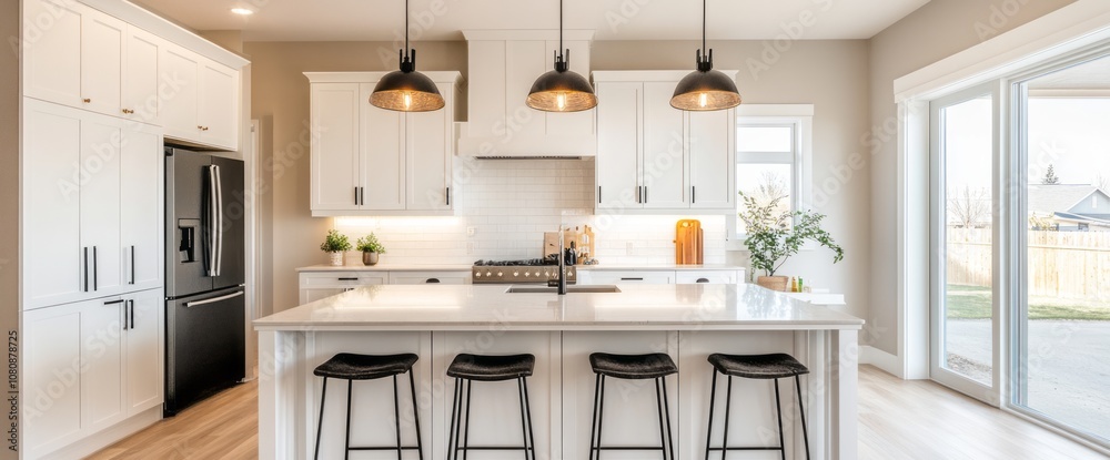 Fototapeta premium Modern Kitchen Interior with White Cabinets, a Kitchen Island, and Black Stools