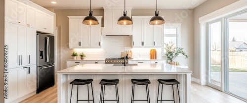 Modern Kitchen Interior with White Cabinets, a Kitchen Island, and Black Stools photo