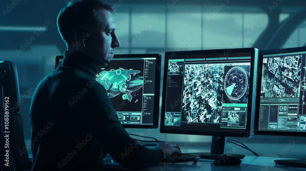 Military soldier operating advanced technology in a command center. Military soldier operating advanced technology in a command center.