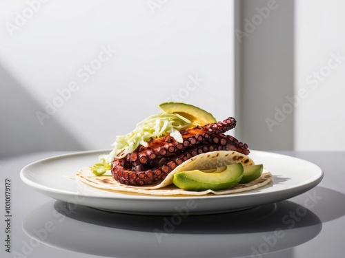 Savor the flavor indulge in grilled octopus tacos with fresh cabbage and avocado.