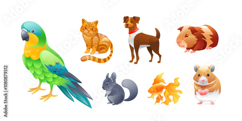 Set of illustrations of pets, parrot, dog, cat, guinea pig, chinchilla, aquarium fish, hamster, realistic in 3D style.