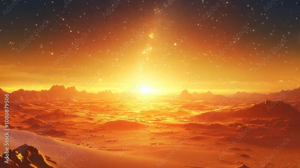 A desert illuminated by a starry sky, with the golden dunes glowing under the starlight. Video