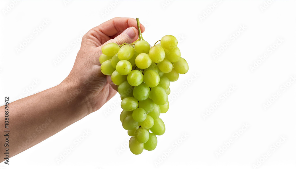 Green grape bunch in man's hand isolated on white background Green grape bunch in man's hand isolated on white background