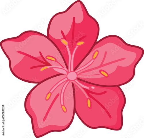 Detailed Pink Cherry Blossom Illustration, Illustration of a vibrant pink cherry blossom with five detailed petals and visible yellow stamens, showcasing a delicate and elegant floral design.
