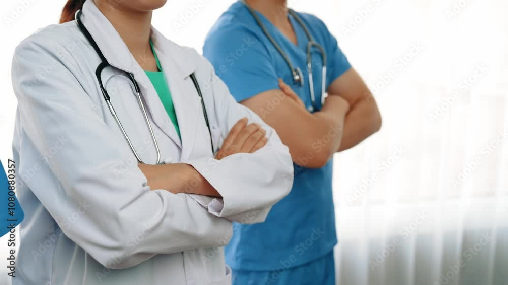 Confident and professional team of medical staff stand in line together as healthcare service and doctor leadership at hospital. Teamwork lead to successful medical treatment.Slow motion. Rigid. Confident and professional team of medical staff stand in line together as healthcare service and doctor leadership at hospital. Teamwork lead to successful medical treatment.Slow motion. Rigid.
