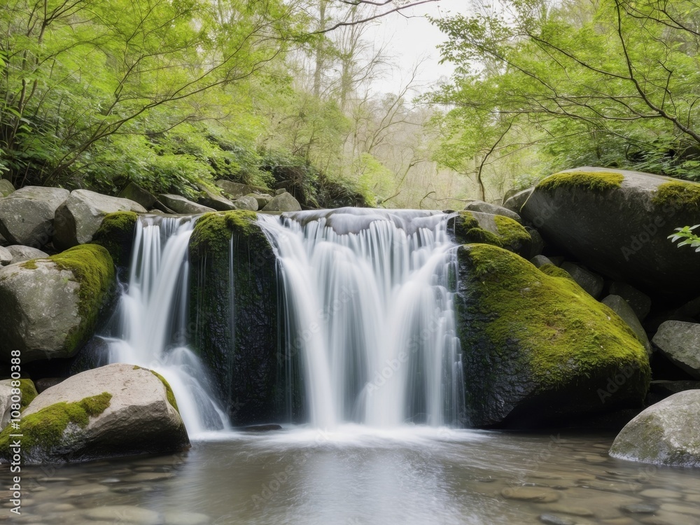 Fototapeta premium Gentle waterfall cascading over rocks in a serene natural setting.